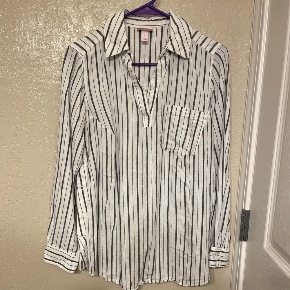 Isabel Maternity Linen Lightweight striped collared v neck tunic side snaps  Sm
